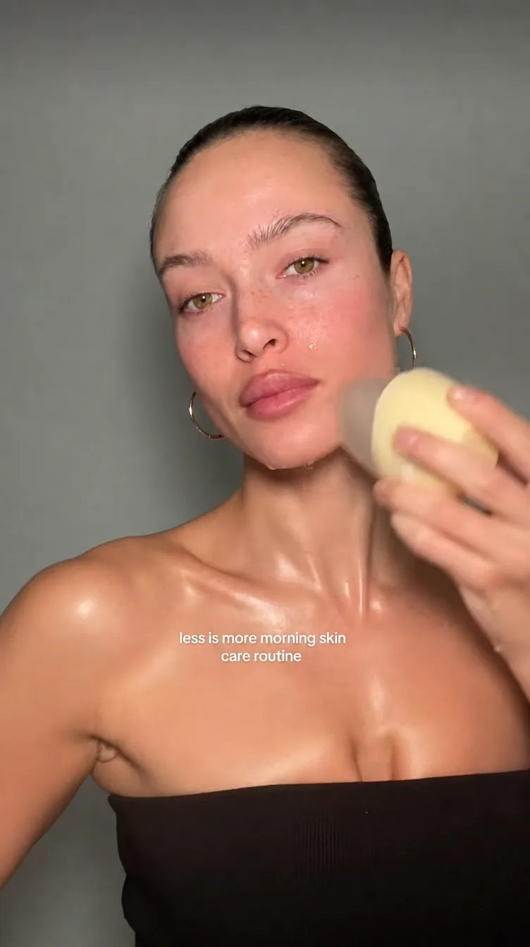 A creator walking through a morning skincare routine in a short-form video.